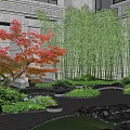 Residential Landscape Design With Red Maple Tree Bamboo Grove And Stone Pathway