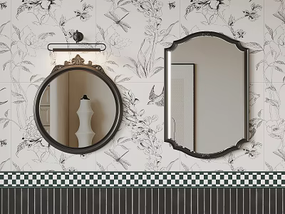 Floral Dragonfly Wallpaper With Round Rectangular Mirrors Wall Sconce Checkered Tile Border Vertical Striped Wall 3d model