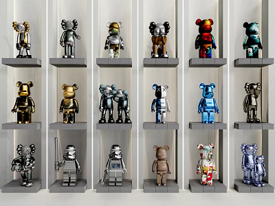 Various Colorful Bearbrick Figurines Displayed on Shelves with Unique Designs 3d model