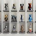 Various Colorful Bearbrick Figurines Displayed on Shelves with Unique Designs