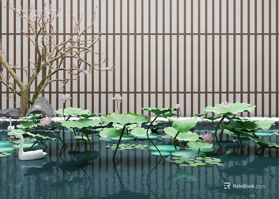 Tranquil Water Landscape With Pink Lotus Flowers Leaves White Swan Pink-Flowered Tree And Wooden Fence 3d model 