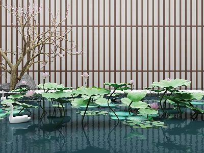 Tranquil Water Landscape With Pink Lotus Flowers Leaves White Swan Pink-Flowered Tree And Wooden Fence 3d model