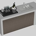 Modern Bar Counter With Ice Bucket Wine Bottles Wine Glasses Sink And Vertical Slat Panel