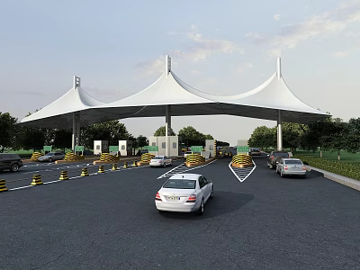 Toll Station With White Membrane Canopy And Vehicles Passing Through Traffic Lanes 3d model