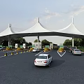 Toll Station With White Membrane Canopy And Vehicles Passing Through Traffic Lanes