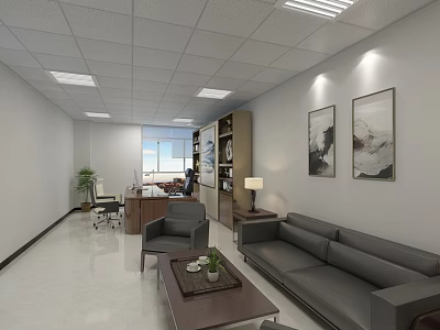 Modern Office Interior Design With Sofa Coffee Table Bookshelf Paintings Desk And Plant 3d model