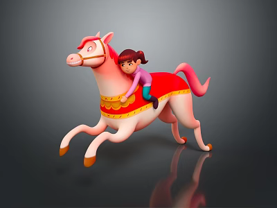 Pink Horse With Little Girl Riding Red Saddle Yellow Trim And Running Pose Toy Figure 3d model