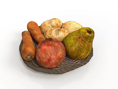 Fresh Assorted Vegetables and Fruits with Carrots Potatoes Beetroot and Pear Served on Wicker Plate 3d model