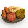 Fresh Assorted Vegetables and Fruits with Carrots Potatoes Beetroot and Pear Served on Wicker Plate
