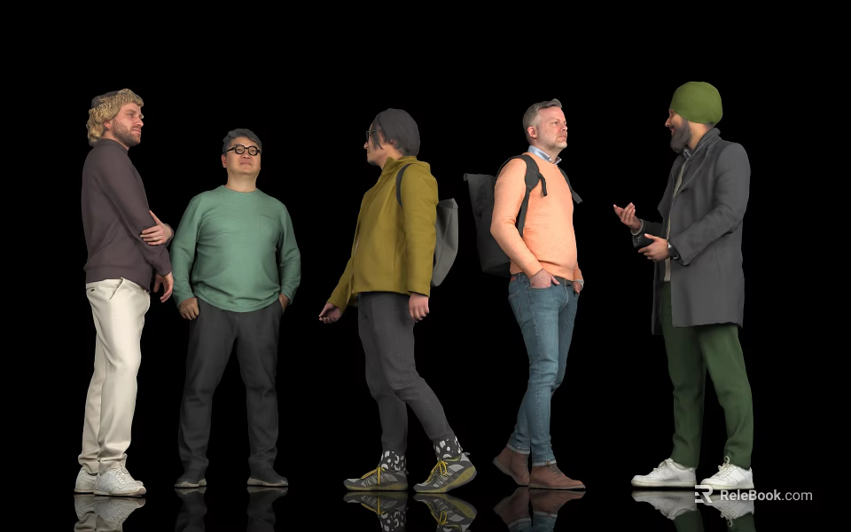 Five Men Standing Together in Different Stylish Outfits Against Black Background 3d model 