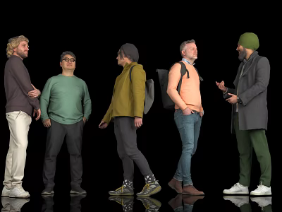 Five Men Standing Together in Different Stylish Outfits Against Black Background 3d model