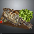 Grilled Whole Fish Served on Wooden Cutting Board with Fresh Lettuce and Sauces