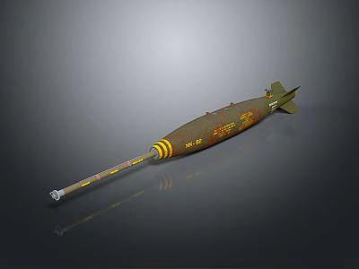 Green Military Bomb With Yellow Stripes And Text Markings On Cylindrical Body 3d model