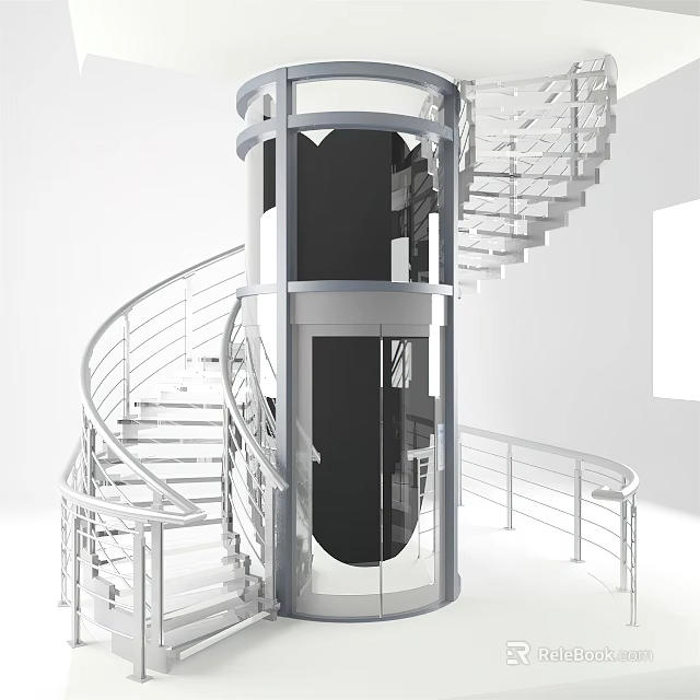 Modern Spiral Staircase With Metal Railings And Elevator In Interior Design 3d model 