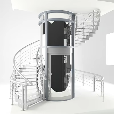 Modern Spiral Staircase With Metal Railings And Elevator In Interior Design 3d model