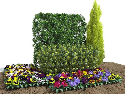 Shrubs In Garden Landscaping With Colorful Flowers Conical Green Plant And Lush Foliage 3d model