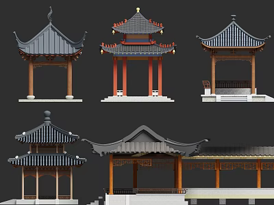 Traditional Chinese Pavilion Designs With Various Roof Styles And Wooden Structures 3d model