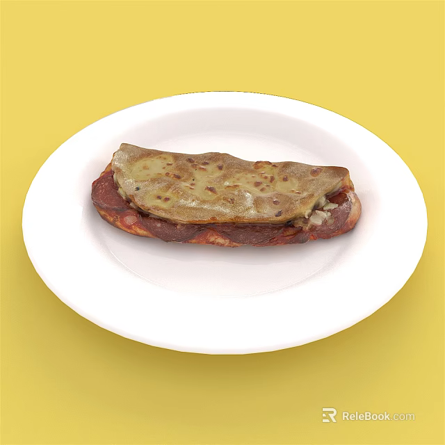 Delicious Stuffed Flatbread With Savory Filling On White Plate Yellow Background 3d model 