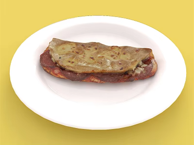 Delicious Stuffed Flatbread With Savory Filling On White Plate Yellow Background 3d model