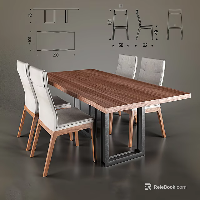 Modern Wooden Dining Table Set with Upholstered Chairs and Metal Frame Design 3d model