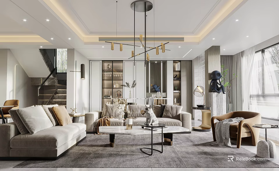 Modern Living Room Interior Design With Sofa Coffee Table Chandelier And Bookshelf 3d model 