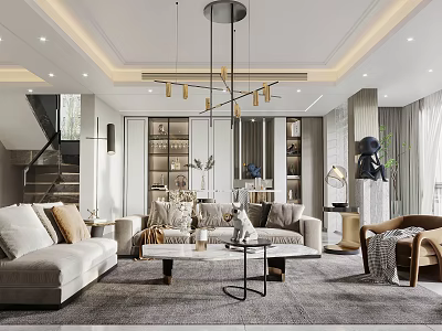 Modern Living Room Interior Design With Sofa Coffee Table Chandelier And Bookshelf 3d model