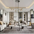 Modern Living Room Interior Design With Sofa Coffee Table Chandelier And Bookshelf