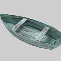 Small Weathered Light Blue Wooden Boat With Natural Wood Grain And Peeling Paint