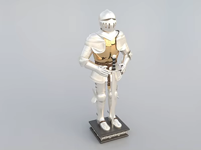 Silver Knight Armor Model With Gold Accents On Black Base Decorative Figurine 3d model