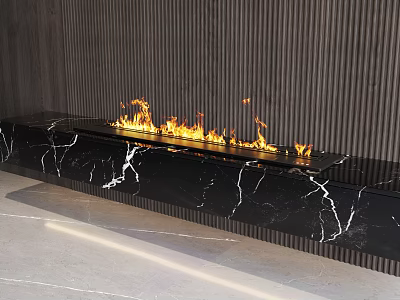 Modern Fireplace With Black Marble Hearth And Burning Flames Against Vertical Striped Wall 3d model