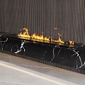 Modern Fireplace With Black Marble Hearth And Burning Flames Against Vertical Striped Wall