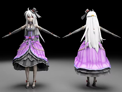 3D Anime Character With White Long Hair Purple Gray Dress Black Bow Front Back View 3d model