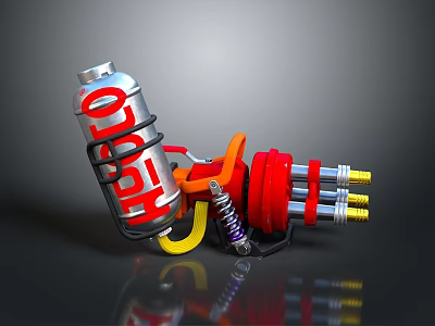 Mechanical Components Setup With Silver Canister Red Parts Spring Yellow Hook And Metal Tubes 3d model