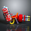 Mechanical Components Setup With Silver Canister Red Parts Spring Yellow Hook And Metal Tubes