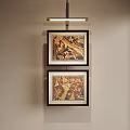 Two Abstract Paintings in Dark Frames Hung on Light Colored Wall With Light Above 3d model