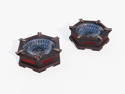 Two Traditional Hexagonal Decorative Vessels With Blue Patterns And Wooden Bases 3d model