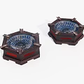 Two Traditional Hexagonal Decorative Vessels With Blue Patterns And Wooden Bases