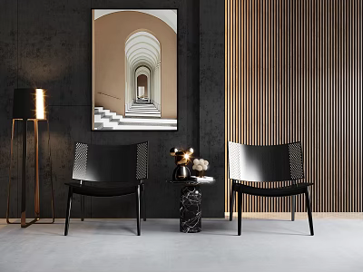 Stylish Black Casual Sofa Set With Vertical Striped Walls Marble Table And Arched Art Decorations 3d model