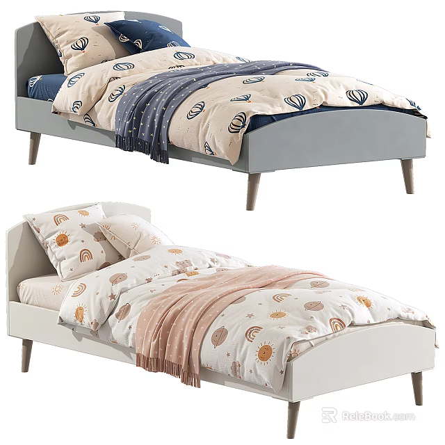 Cozy Kids Bed with Grey White Bedding Shell Sun Patterns and Soft Blanket 3d model