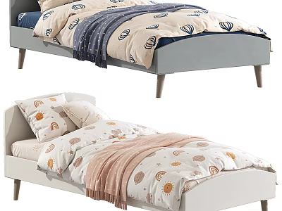 Cozy Kids Bed with Grey White Bedding Shell Sun Patterns and Soft Blanket 3d model
