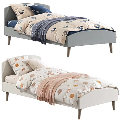 Cozy Kids Bed with Grey White Bedding Shell Sun Patterns and Soft Blanket 3d model