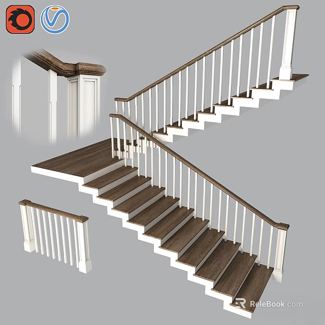 Elegant Modern Staircase Design With Wooden Steps And White Railings 3d model 