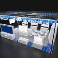 Modern Cobetter Exhibition Booth With Blue Lighting Display Screens White Counters And Green Plants