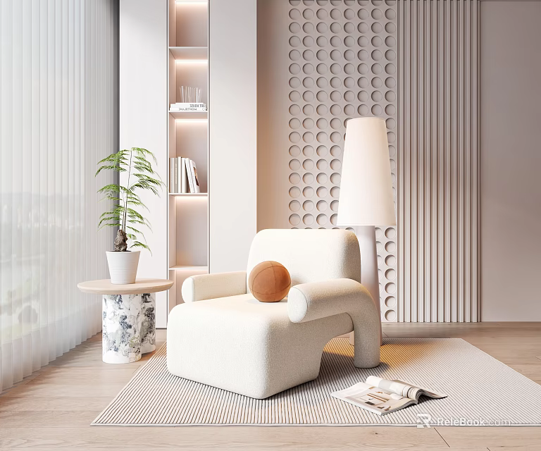 White Single Sofa with Floor Lamp Side Table Green Plant Textured Wall and Soft Rug 3d model 