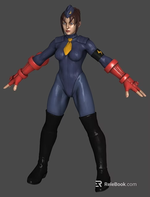 Anime Style Character In Blue Bodysuit With Red Gloves Black Boots And Yellow Lightning Accents 3d model 