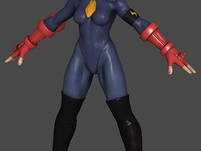 Anime Style Character In Blue Bodysuit With Red Gloves Black Boots And Yellow Lightning Accents 3d model
