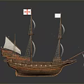 Detailed Model of Historical Wooden Sailing Ship with White Sails and Red Cross Flags