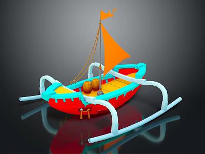 Cartoon Boat Scene With Red Blue Hull Yellow Sail Wooden Barrels And White Curved Supports 3d model