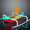 Cartoon Boat Scene With Red Blue Hull Yellow Sail Wooden Barrels And White Curved Supports