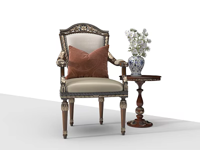 Ornate Accent Chair With Carved Accents Brown Cushion Side Table Blue White Vase White Flowers 3d model